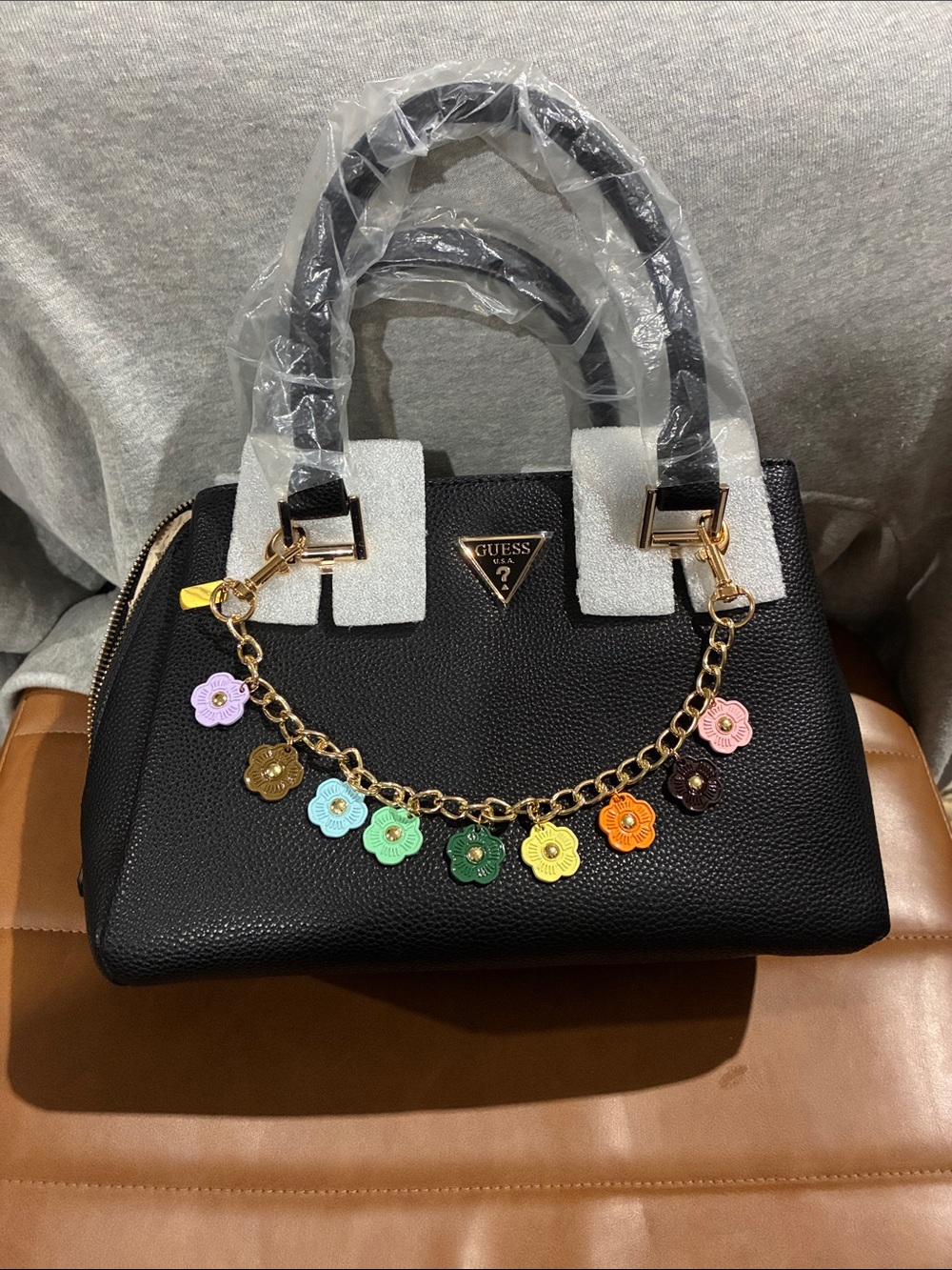 GUESS Black Satchel with Gold Chain and Multicolor Flower Charms New